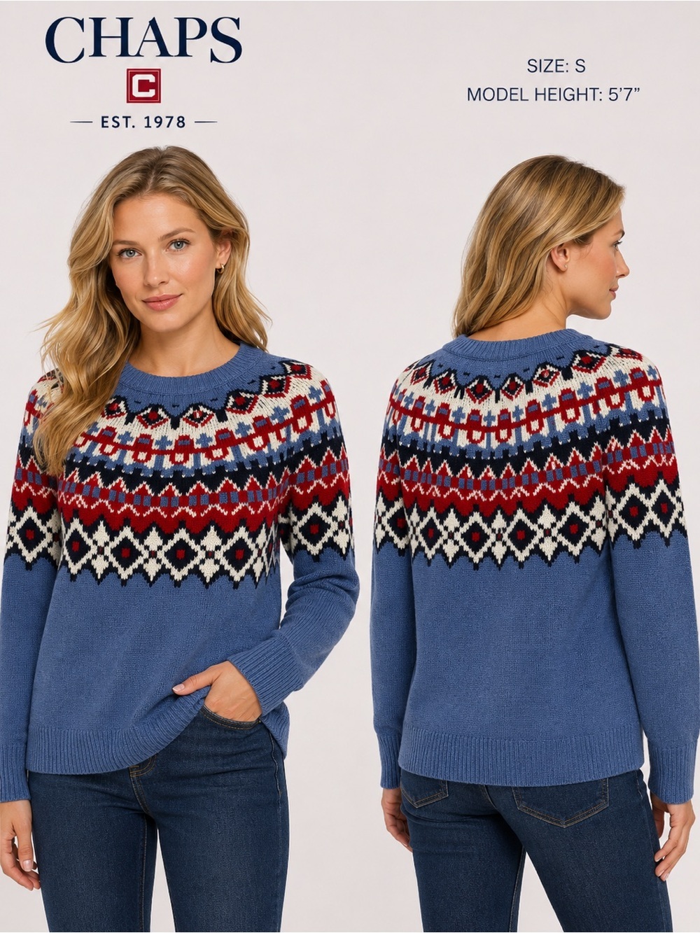 Chaps Fair Isle Sweater Blue Nordic Knit cozy Cottagecore  Pullover Size S